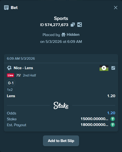 Bet slip: Nice - Lens, $15,000.00 stake at 1.20 odds, placed by Hidden