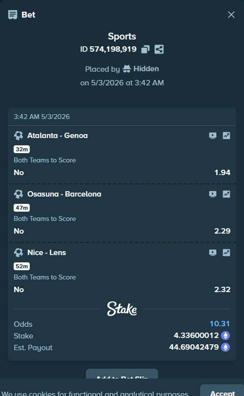 Bet slip: Nice - Lens, $15,176.00 stake at 2.32 odds, placed by Hidden