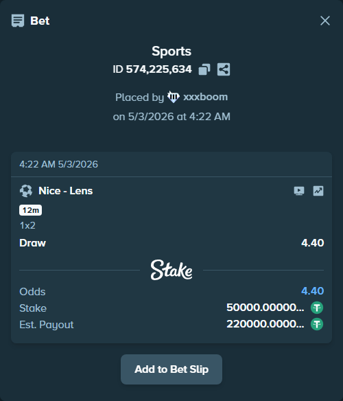 Bet slip: Nice - Lens, $50,000.00 stake at 4.40 odds, placed by xxxboom