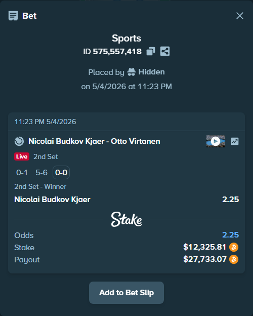 Bet slip: Nicolai Budkov Kjaer - Otto Virtanen, $10,931.76 stake at 2.25 odds, placed by Hidden