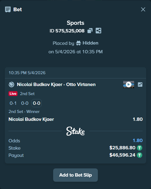 Bet slip: Nicolai Budkov Kjaer - Otto Virtanen, $25,886.80 stake at 1.80 odds, placed by Hidden