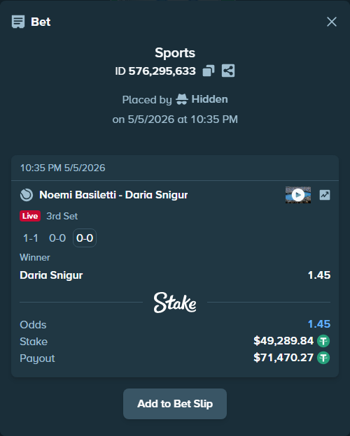Bet slip: Noemi Basiletti - Daria Snigur, $49,289.84 stake at 1.45 odds, placed by Hidden