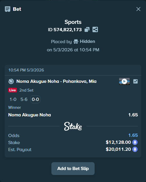 Bet slip: Noma Akugue Noha - Pohankova, Mia, $18,235.66 stake at 1.65 odds, placed by Hidden