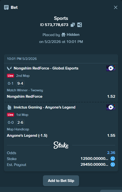Bet slip: Nongshim RedForce - Global Esports, $12,500.00 stake at 1.52 odds, placed by Hidden