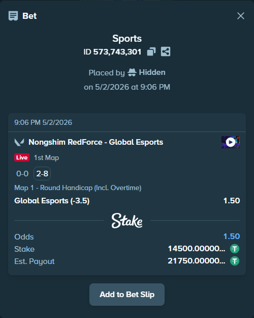 Bet slip: Nongshim RedForce - Global Esports, $14,500.00 stake at 1.50 odds, placed by Hidden