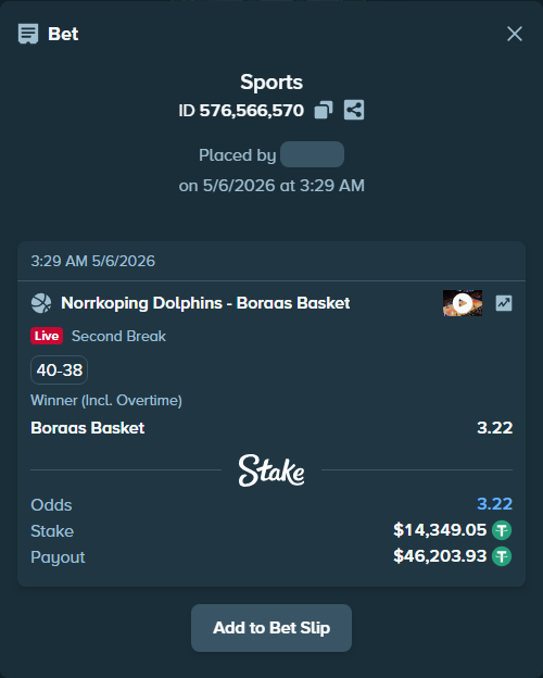 Bet slip: Norrkoping Dolphins - Boraas Basket, $14,349.05 stake at 3.22 odds, placed by xxxboom