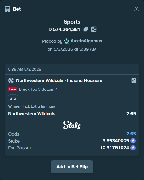 Bet slip: Northwestern Wildcats - Indiana Hoosiers, $13,626.90 stake at 2.65 odds, placed by AustinAlgamus