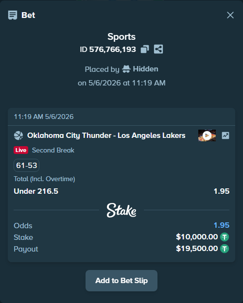 Bet slip: Oklahoma City Thunder - Los Angeles Lakers, $10,000.00 stake at 1.95 odds, placed by Hidden