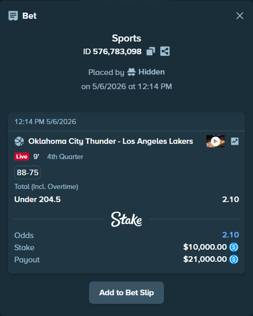 Bet slip: Oklahoma City Thunder - Los Angeles Lakers, $10,000.00 stake at 2.10 odds, placed by Hidden