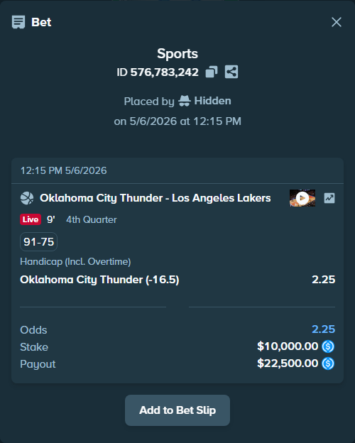 Bet slip: Oklahoma City Thunder - Los Angeles Lakers, $10,000.00 stake at 2.25 odds, placed by Hidden