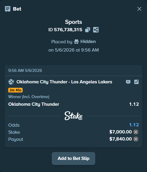 Bet slip: Oklahoma City Thunder - Los Angeles Lakers, $12,376.00 stake at 1.12 odds, placed by Hidden