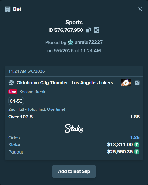 Bet slip: Oklahoma City Thunder - Los Angeles Lakers, $13,811.00 stake at 1.85 odds, placed by unruly72227