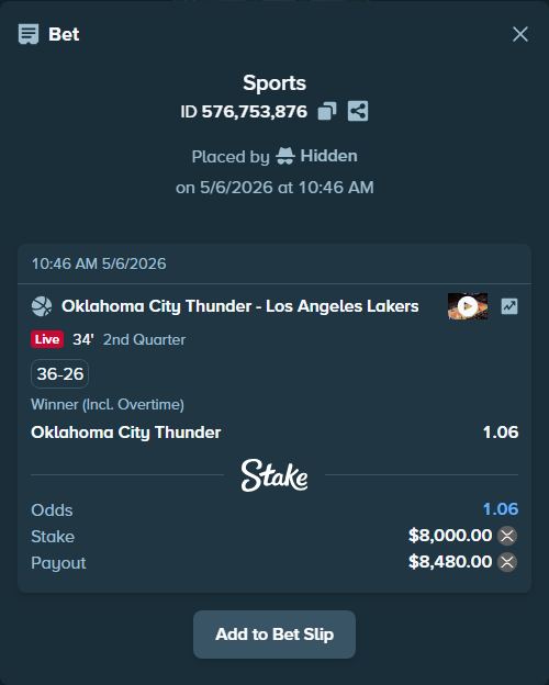 Bet slip: Oklahoma City Thunder - Los Angeles Lakers, $14,176.00 stake at 1.06 odds, placed by Hidden