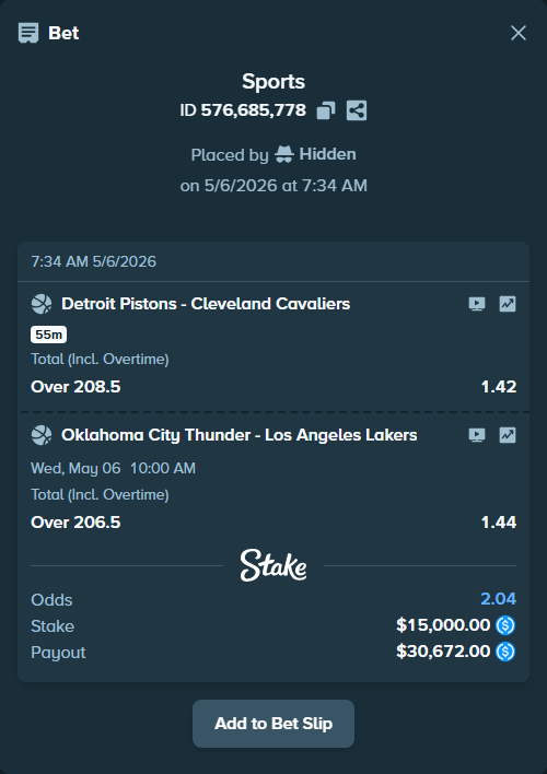 Bet slip: Oklahoma City Thunder - Los Angeles Lakers, $15,000.00 stake at 1.44 odds, placed by Hidden