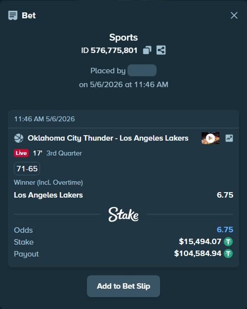 Bet slip: Oklahoma City Thunder - Los Angeles Lakers, $15,494.07 stake at 6.75 odds, placed by Enrique2777