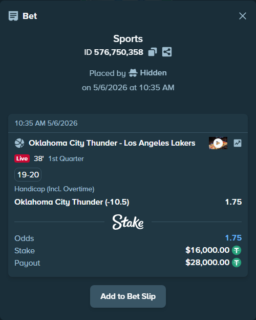 Bet slip: Oklahoma City Thunder - Los Angeles Lakers, $16,000.00 stake at 1.75 odds, placed by Hidden