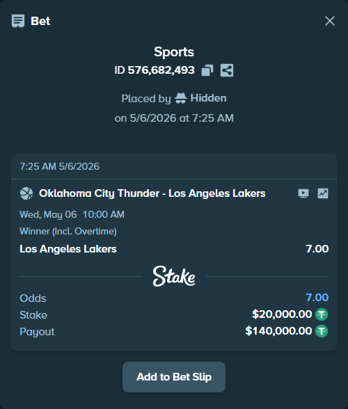 Bet slip: Oklahoma City Thunder - Los Angeles Lakers, $20,000.00 stake at 7.00 odds, placed by Hidden