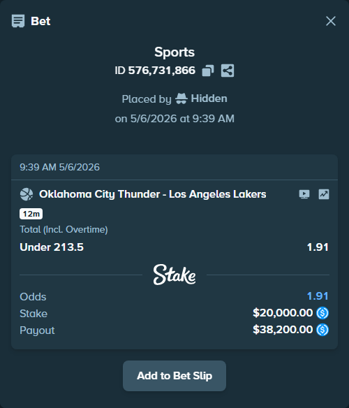 Bet slip: Oklahoma City Thunder - Los Angeles Lakers, $20,000.00 stake at 1.91 odds, placed by Hidden
