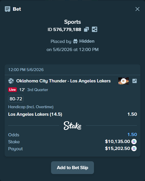 Bet slip: Oklahoma City Thunder - Los Angeles Lakers, $23,371.31 stake at 1.50 odds, placed by Hidden