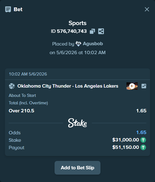 Bet slip: Oklahoma City Thunder - Los Angeles Lakers, $31,000.00 stake at 1.65 odds, placed by Agusbob