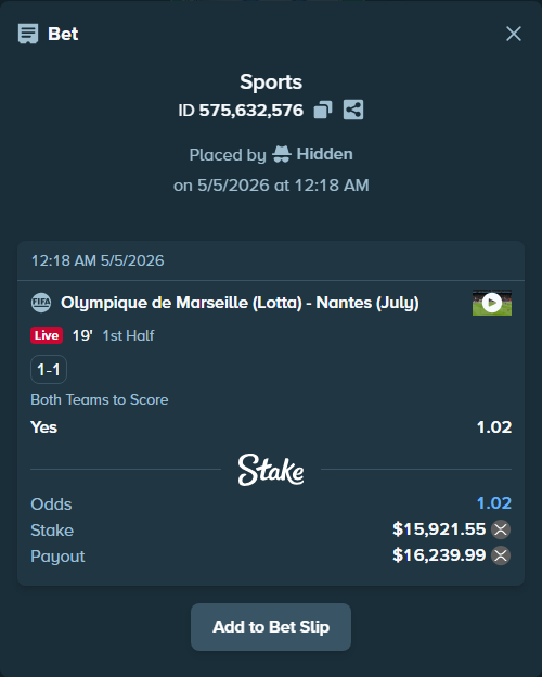 Bet slip: Olympique de Marseille (Lotta) - Nantes (July), $28,471.72 stake at 1.02 odds, placed by Hidden