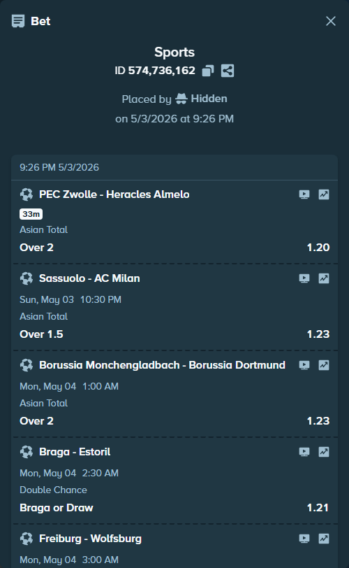 Bet slip: Olympique Lyonnais - Rennes, $20,000.00 stake at 1.20 odds, placed by Hidden