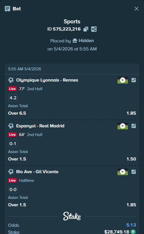 Bet slip: Olympique Lyonnais - Rennes, $28,749.18 stake at 1.85 odds, placed by Hidden