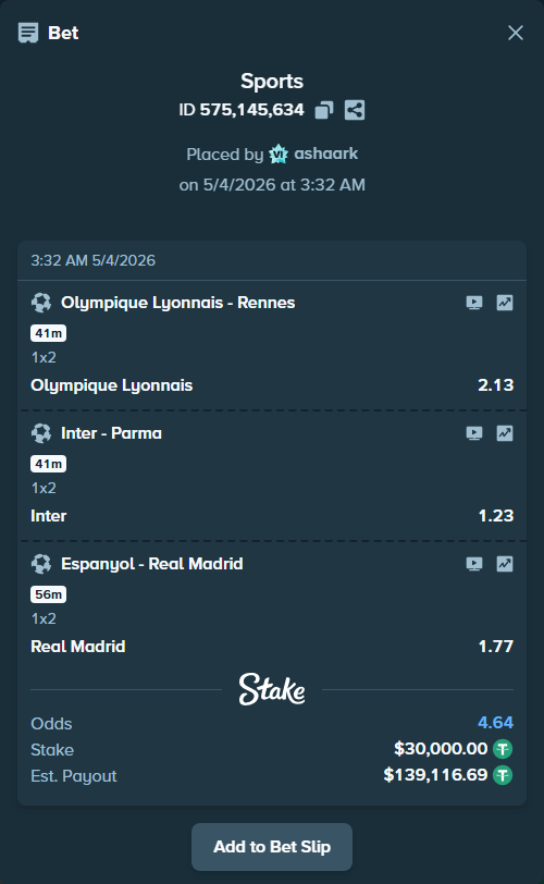 Bet slip: Olympique Lyonnais - Rennes, $30,000.00 stake at 2.13 odds, placed by ashaark
