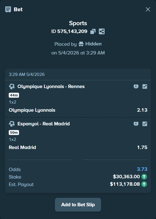Bet slip: Olympique Lyonnais - Rennes, $30,363.00 stake at 2.13 odds, placed by ashaark
