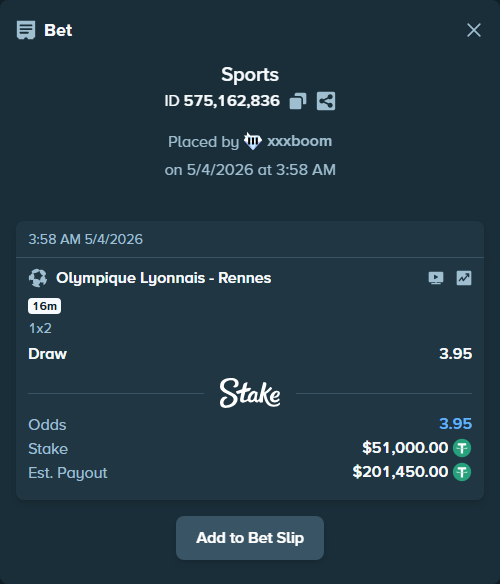Bet slip: Olympique Lyonnais - Rennes, $51,000.00 stake at 3.95 odds, placed by xxxboom