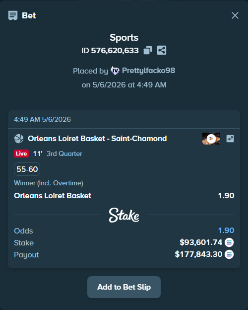 Bet slip: Orleans Loiret Basket - Saint-Chamond, $217,904.85 stake at 1.90 odds, placed by Prettylfacko98