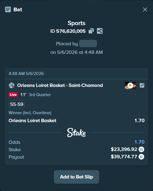 Bet slip: Orleans Loiret Basket - Saint-Chamond, $54,468.04 stake at 1.70 odds, placed by Prettylfacko98