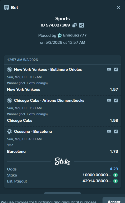 Bet slip: Osasuna - Barcelona, $10,000.00 stake at 1.73 odds, placed by Enrique2777