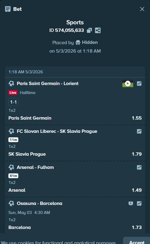Bet slip: Osasuna - Barcelona, $10,000.00 stake at 1.73 odds, placed by Hidden