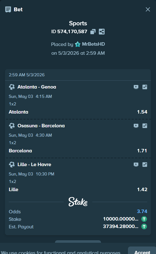 Bet slip: Osasuna - Barcelona, $10,000.00 stake at 1.71 odds, placed by MrBetsHD