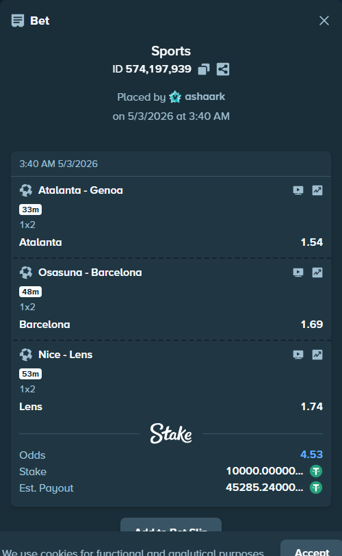 Bet slip: Osasuna - Barcelona, $10,000.00 stake at 1.69 odds, placed by ashaark
