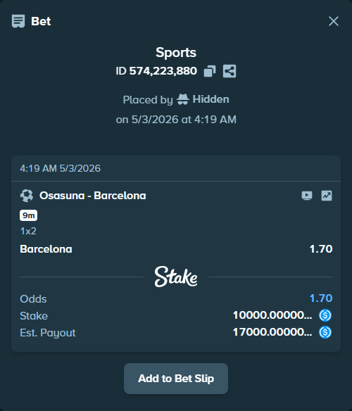 Bet slip: Osasuna - Barcelona, $10,000.00 stake at 1.70 odds, placed by Hidden