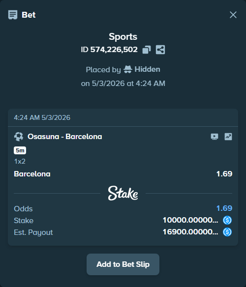 Bet slip: Osasuna - Barcelona, $10,000.00 stake at 1.69 odds, placed by Hidden