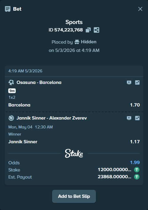 Bet slip: Osasuna - Barcelona, $12,000.00 stake at 1.70 odds, placed by Hidden