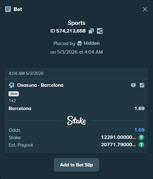 Bet slip: Osasuna - Barcelona, $12,291.00 stake at 1.69 odds, placed by Hidden