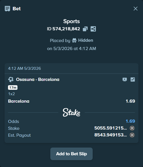 Bet slip: Osasuna - Barcelona, $12,638.98 stake at 1.69 odds, placed by Hidden