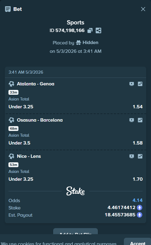 Bet slip: Osasuna - Barcelona, $15,616.10 stake at 1.58 odds, placed by Hidden