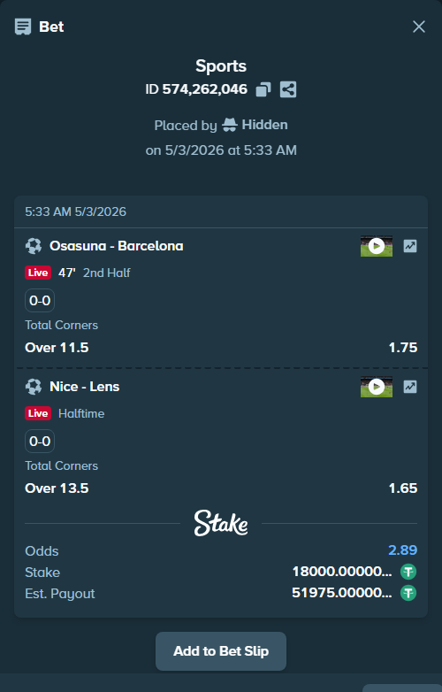 Bet slip: Osasuna - Barcelona, $18,000.00 stake at 1.75 odds, placed by Hidden