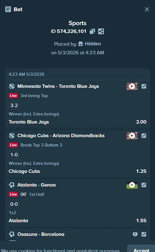 Bet slip: Osasuna - Barcelona, $18,597.91 stake at 1.69 odds, placed by Hidden
