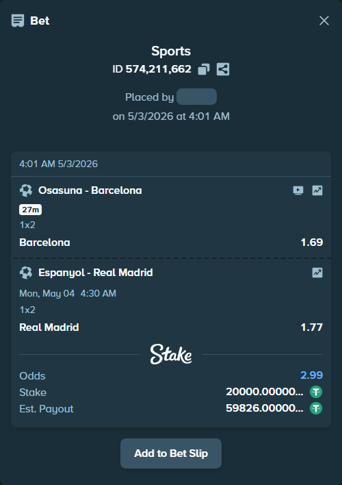 Bet slip: Osasuna - Barcelona, $20,000.00 stake at 1.69 odds, placed by Maxprof
