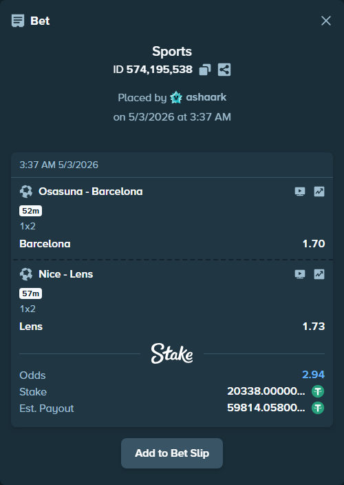 Bet slip: Osasuna - Barcelona, $20,338.00 stake at 1.70 odds, placed by ashaark