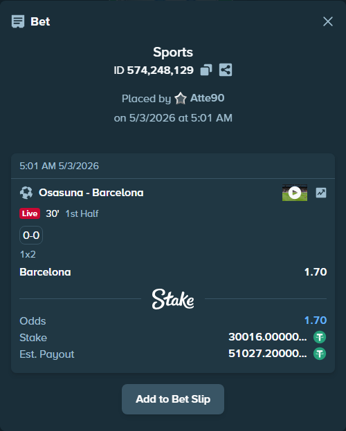 Bet slip: Osasuna - Barcelona, $30,016.00 stake at 1.70 odds, placed by Atte90