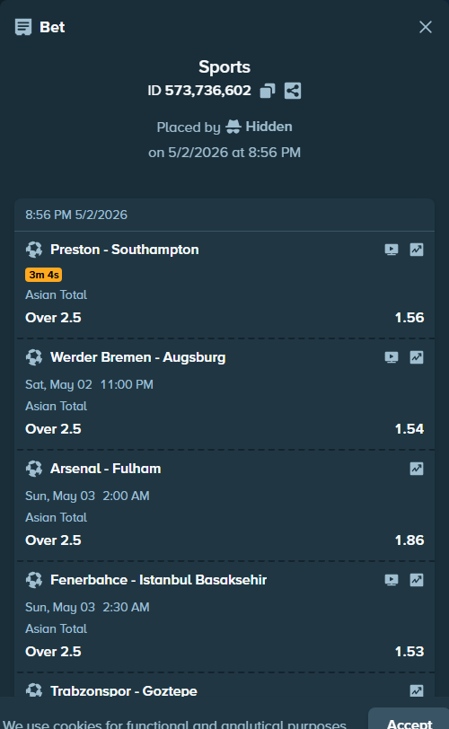 Bet slip: Osasuna - Barcelona, $5,000.32 stake at 1.59 odds, placed by Hidden