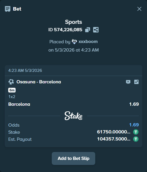 Bet slip: Osasuna - Barcelona, $61,750.00 stake at 1.69 odds, placed by xxxboom
