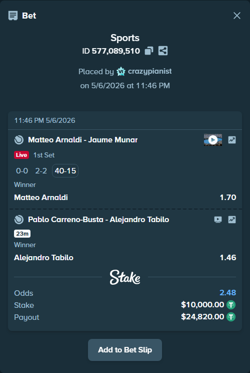 Bet slip: Pablo Carreno-Busta - Alejandro Tabilo, $10,000.00 stake at 1.46 odds, placed by crazypianist